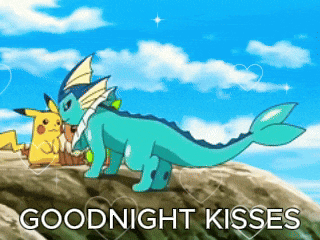 a goodnight kisses greeting card with pikachu and a water dragon