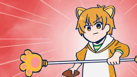 a cartoon of a boy in a tiger costume holding a stick with a paw on it