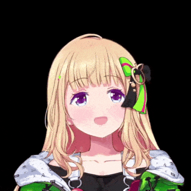 a blonde anime girl with purple eyes and a green bow