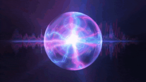 a purple and blue lightning ball with a sound wave behind it .