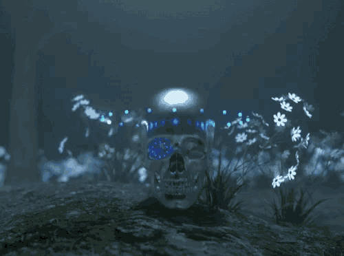 a skull with a glowing eye is sitting on a rock