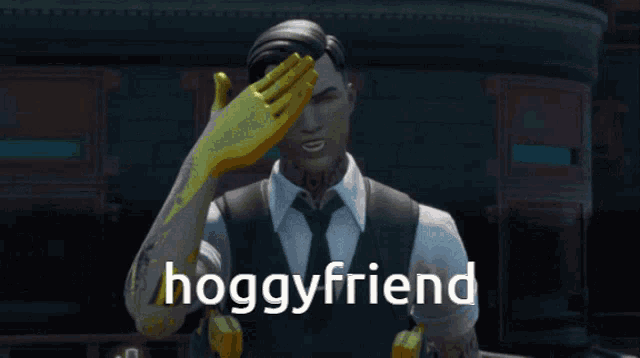 a man in a suit and tie covering his face with his hand and the words hoggyfriend written below him