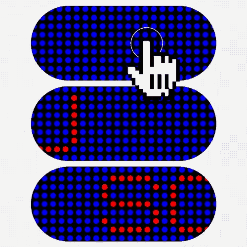 a pixelated hand is pointing to a red dot