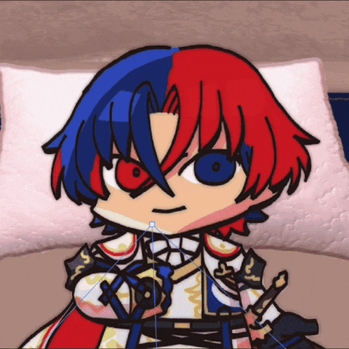 a cartoon character with red and blue hair is sitting on a bed holding a sword