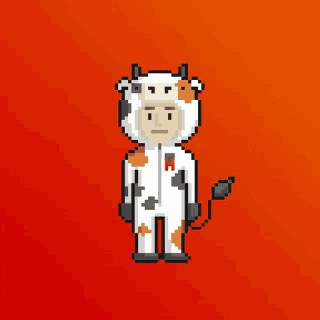 a pixel art drawing of a man dressed as a cow with the letter m on his chest