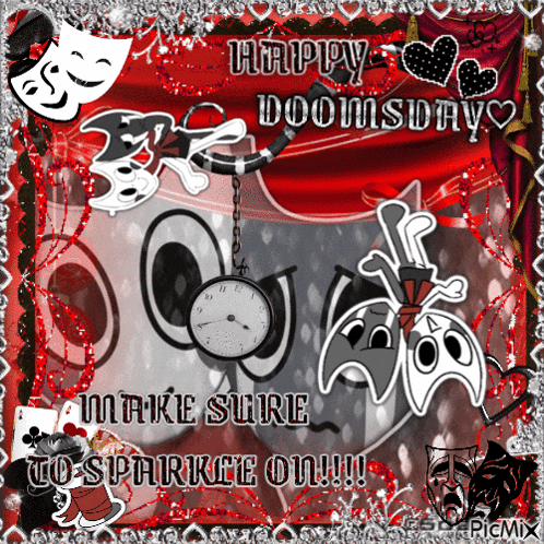 a happy doomsday greeting card with a clock and masks