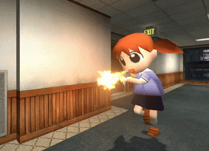a little girl is holding a gun in a hallway with an exit sign above her head