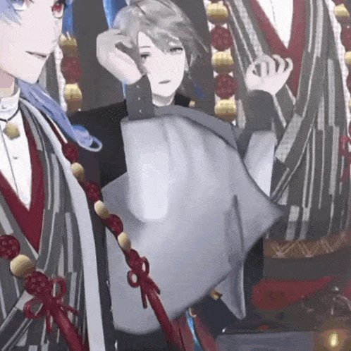 a couple of anime characters are standing next to each other and one of them is holding a pillow .