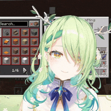 a girl with green hair and antlers is in front of a screen that says search