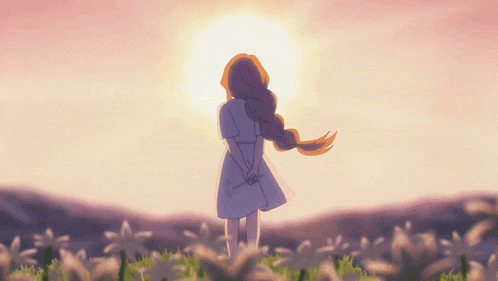 a girl in a white dress is standing in a field of flowers looking at the sun