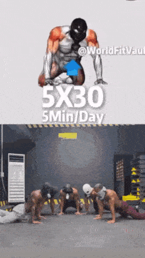 a group of men are doing push ups in a gym with the words 5x30 5min / day on the bottom