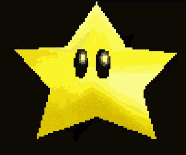 a pixel art of a yellow star with two black eyes