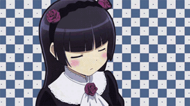 a girl with black hair and purple flowers in her hair