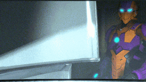 a purple robot with blue eyes is standing in front of a white wall