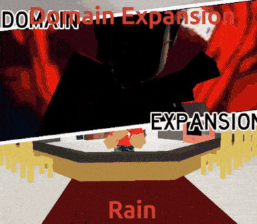 a cartoon of a man standing in front of a sign that says domain expansion rain