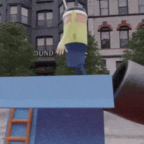 a cartoon character is standing on top of a blue box in front of a building that says round