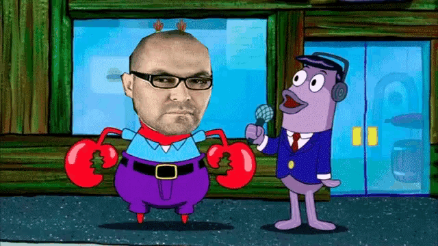 a man with glasses is standing next to a cartoon character with crab arms