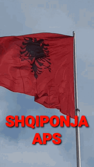 a red flag with the words " shqiponja aps " on the bottom right