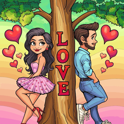 a cartoon drawing of a man and woman leaning against a tree with the word love written on it