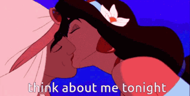 a cartoon of a man and a woman kissing with the words think about me tonight below them