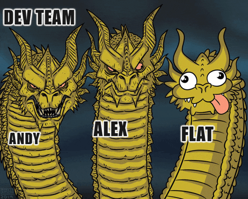 a cartoon of three dragons with the words dev team alex and flat written on them