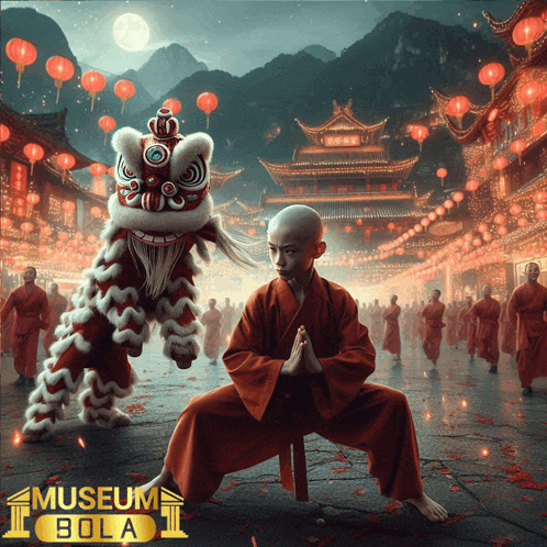 a poster for museum bola shows a monk and a lion dancing