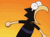 a cartoon character with big eyes and a long beak .