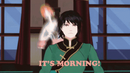 a cartoon character says it 's morning in a room