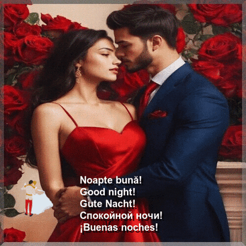 a man in a suit kisses a woman in a red dress in front of roses
