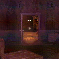 a room with pink walls and a door that is open to a room with boxes on the floor .