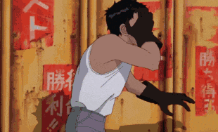 a man in a white tank top and black gloves stands in front of a wall with chinese writing on it
