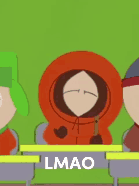 a cartoon character from south park is sitting at a desk with a sword in his hand and says lmao .