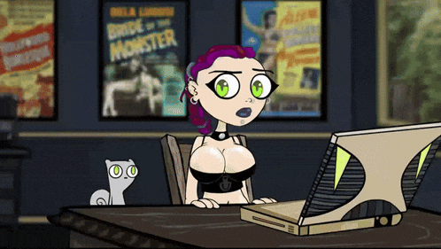 a cartoon of a woman sitting at a desk in front of a computer with a poster for bride of the monster behind her