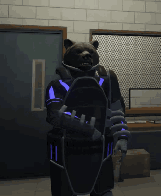 a bear in a futuristic suit is holding a shield in a room