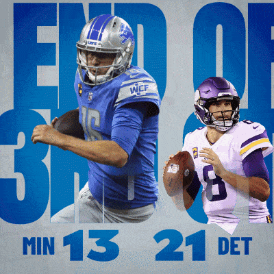 two football players on a blue background with the words end of 3rd min 13 21 det