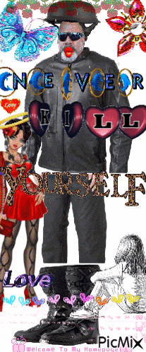 a man in a leather jacket is surrounded by hearts and butterflies and says once voer fill yourself