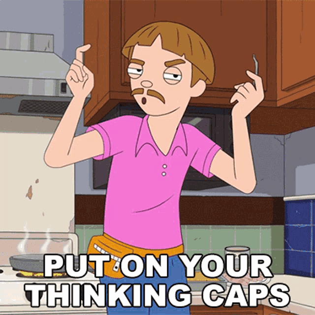 a man in a pink shirt is standing in a kitchen and says put on your thinking caps