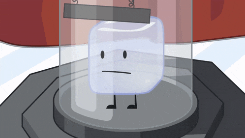 a cartoon ice cube with arms and legs is in a glass case
