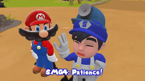 mario and smg4 are standing next to each other and smg4 is being built