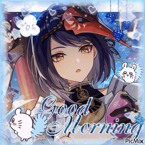 a picture of a girl with a mask and the words good morning on it