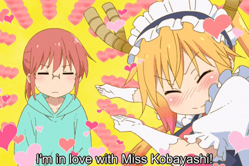 a cartoon of two girls with hearts around them and the words i 'm in love with miss kobayashi