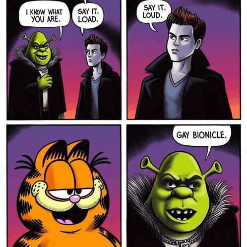 a cartoon of shrek talking to garfield and saying " say it loud "
