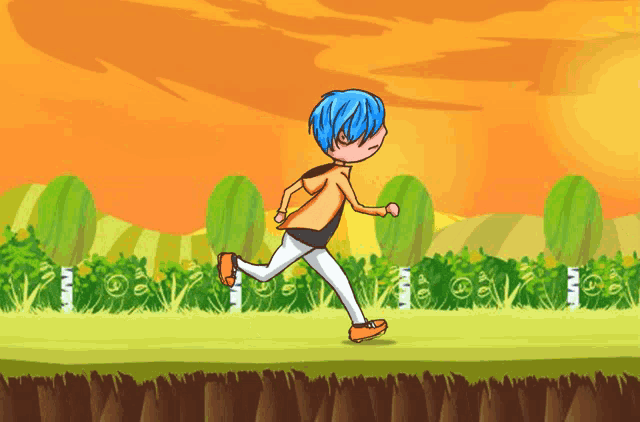 a boy with blue hair is running through a field