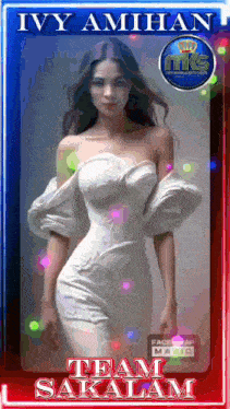 a woman in a white dress with the name team sakalam
