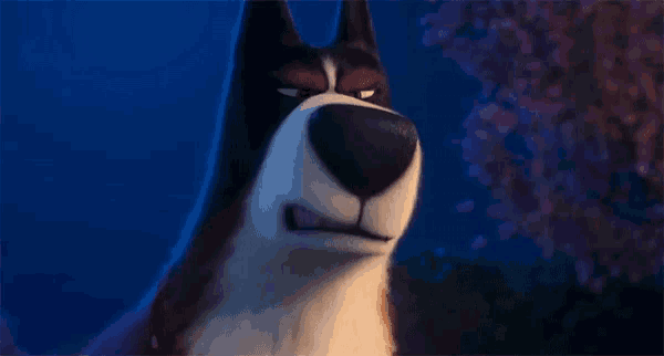 a cartoon husky dog is making a funny face in front of a blue sky .