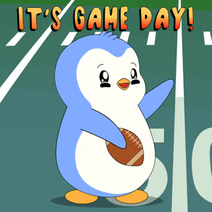 a penguin holding a football with the words it 's game day