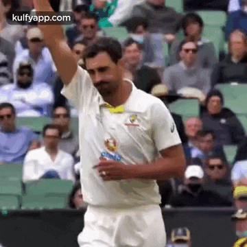 a cricket player is raising his hand in the air in front of a crowd of people .