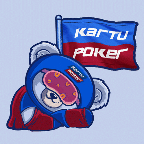 a cartoon teddy bear holding a flag that says kartu poker