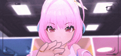 a girl with pink hair and red eyes is being recorded on a video camera