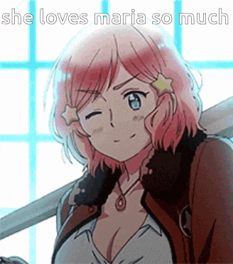 a girl with pink hair and a star on her head is wearing a brown jacket and a necklace .